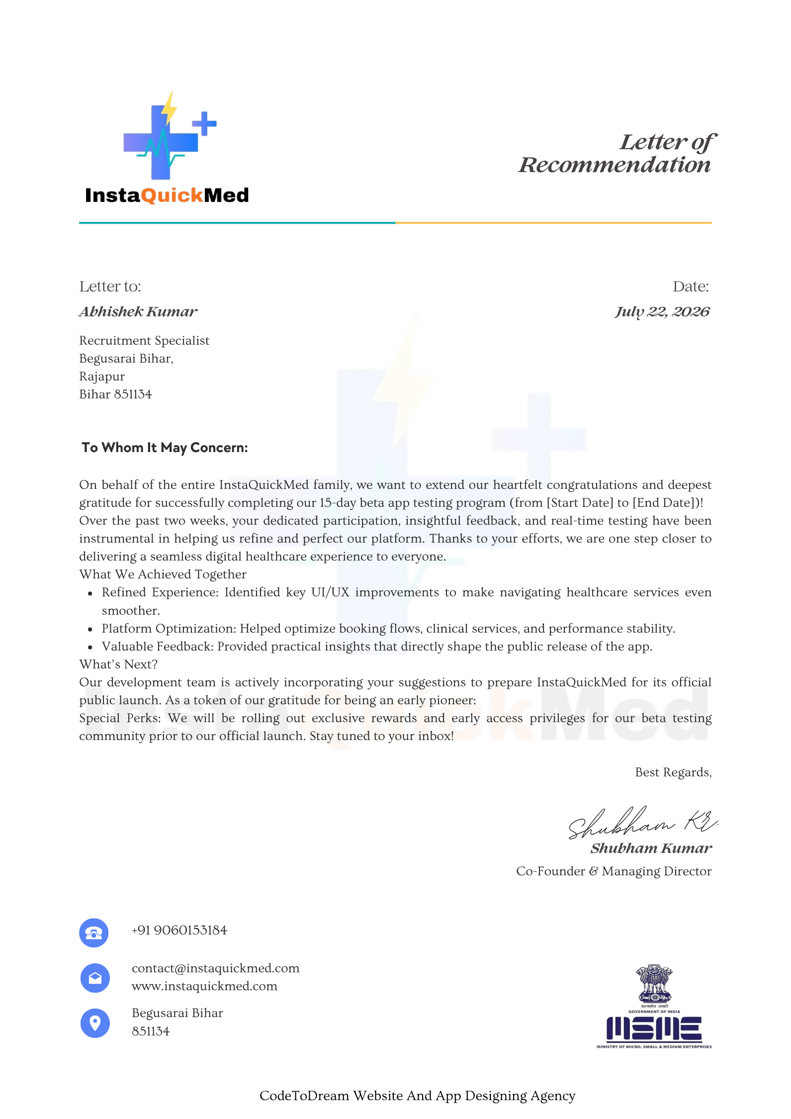 InstaQuickMed internship offer letter